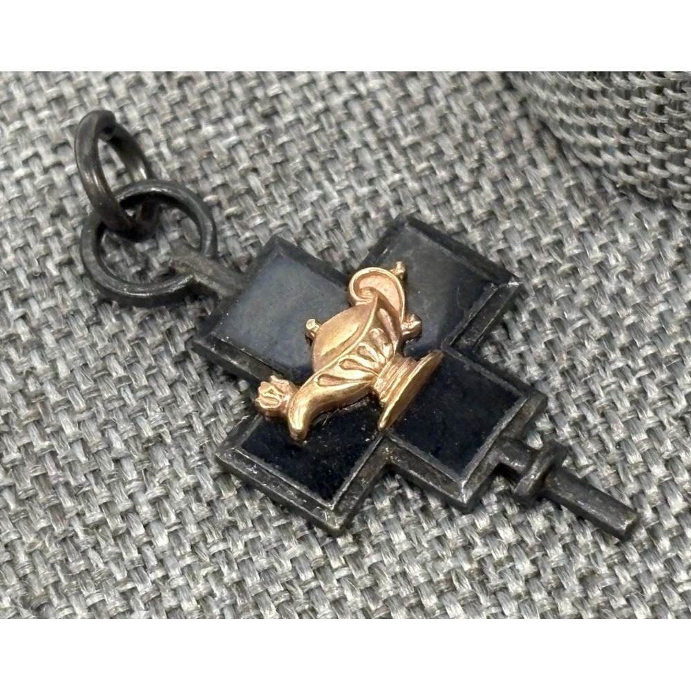 Vintage Sterling Silver Stone Inlay Cross Fob Charm with Applied Rose Gold Tone